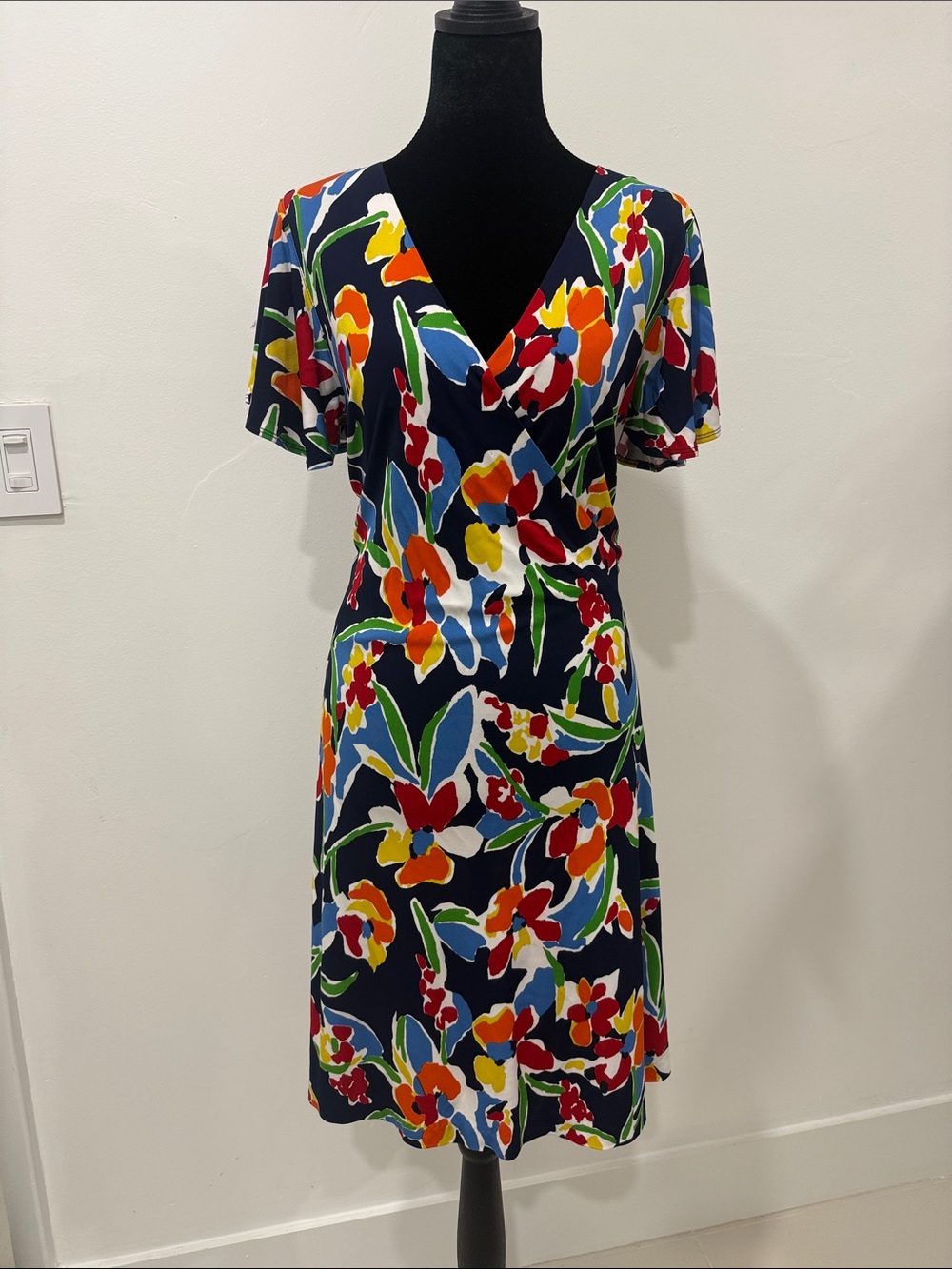 Ralph Lauren Floral Wrap-Style Navy Dress with Fluted Sleeves